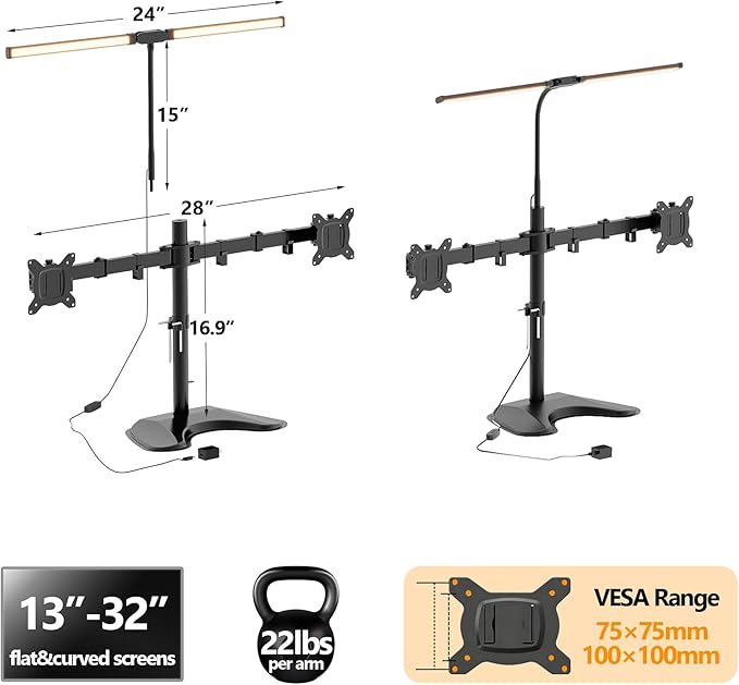 13–27″ Dual Monitor Stand for Desk with Adjustable LED Desk Lamp, Monitor Stand with Led Lights Freestanding Dual Monitor Mount (22 lbs/Arm) – Two-Screen Ergonomic Mount with Reading Lamp