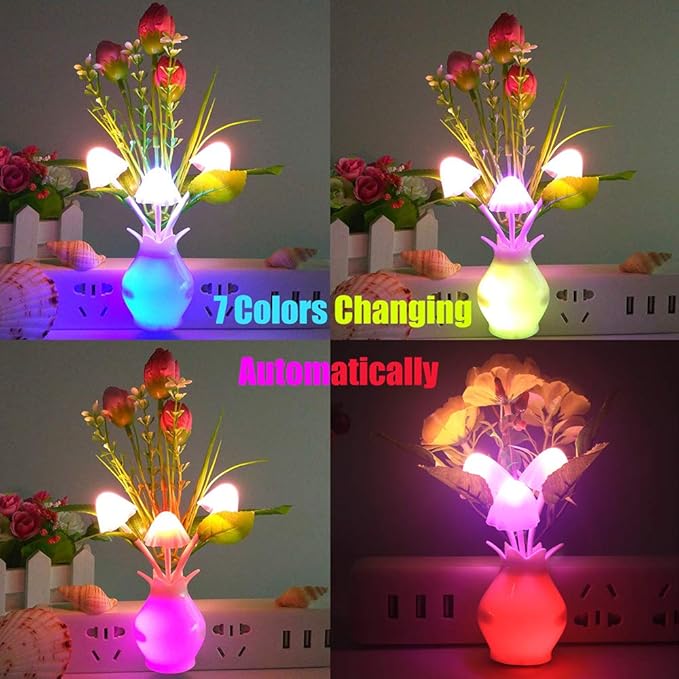 4 Pack Mushroom Night Light, Tulip Clove Plum Flowers Plants Plug-in Mushrooms Colors Changing Nightlight Colorful LED Wall Lamp Little Night Lights for Bathroom Bedroom Corridor Nursery