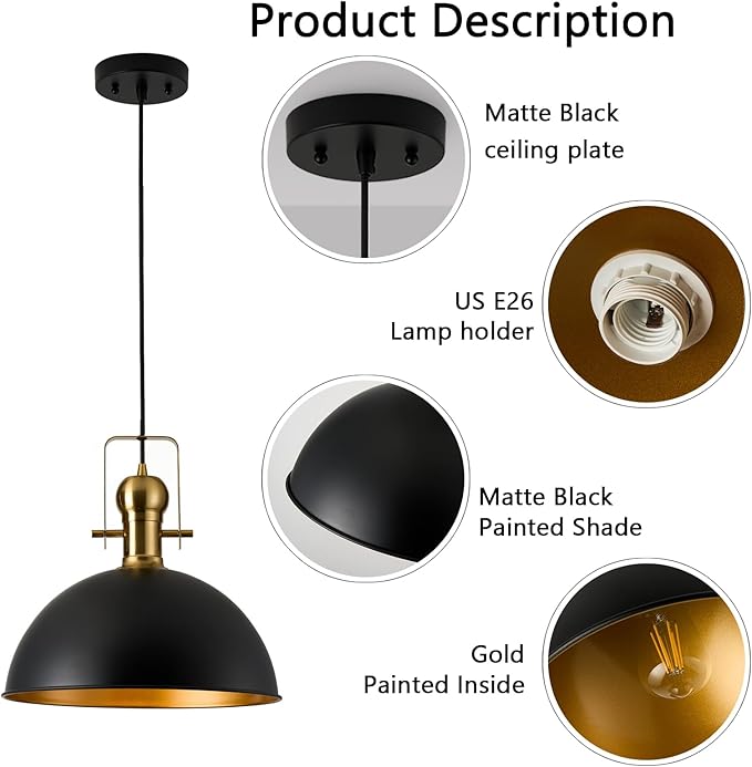 12 Inch Black Farmhouse Pendant Lights Matte Pendant Lights for Kitchen Island Industrial Adjustable Height Vintage Dome Hanging Light Fixtures for Barn Dining Room 3 Packs