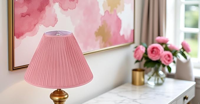 Aspen Creative 33027, Hardback Empire Transitional Spider Lamp Shade, Mushroom Pleated Rose Pink Faux Silk Fabric, 7" Top x 18" Bottom x 13" Slant Height