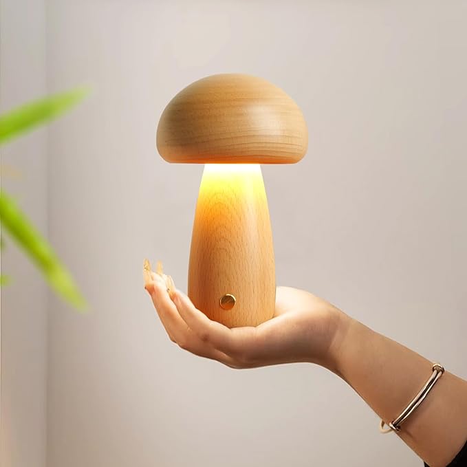 Wooden Mushroom Lamp for Bedroom, Portable Cordless Small Rechargeable Battery Operated Lamp,Stepless Dimming, Night Light for Birthday Gifts