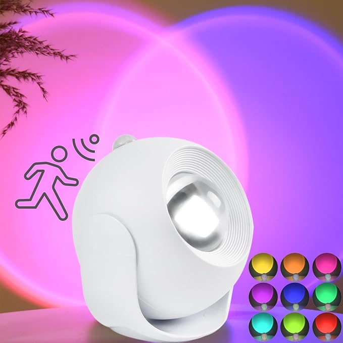 Sunset Lamp Projector, 11 Colors Changing Motion Activated Sensor RGB Lights with Button Switch Control, USB Recharging & Battery Power 350° Rotation Night Light, Led Lights for Bedroom Decor (White)