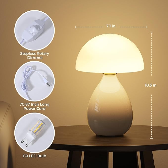 Mushroom Lamp, Vintage Small Table Lamp for Bedroom, Ice Crack Ceramic LED Night Light for Kids, Mid Century Modern Bedside Lamp for Nightstand, Living Room, Home Decor Gift Ideas for Women, Ivory