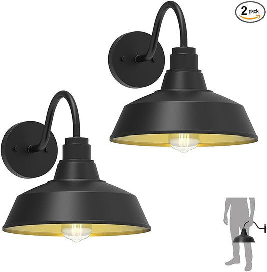 12.4" Barn Light Outdoor Lighting Wall Mount, Farmhouse Outdoor Wall Sconce Vintage Dome Gooseneck Barn Light for Porch Garage Patio, Waterproof Rustproof, 2-Pack