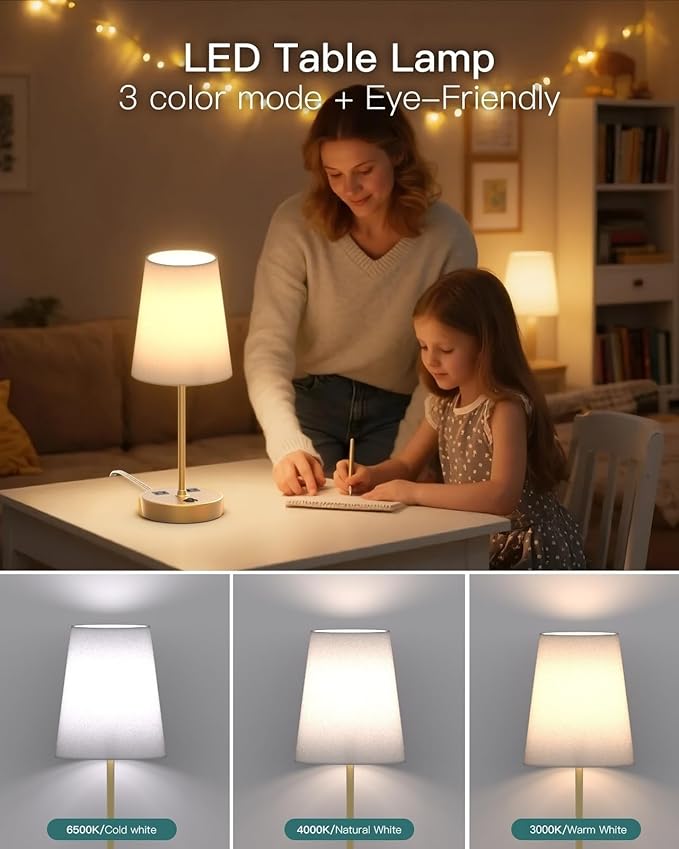 Addtam Bedside Table Lamp for Bedroom, 3-Way Dimmable Lamp with AC Outlet and USB C Charging Ports(PD 20W), Lamps with Shade for Night Stands, Living Room, Desk, and Home Office