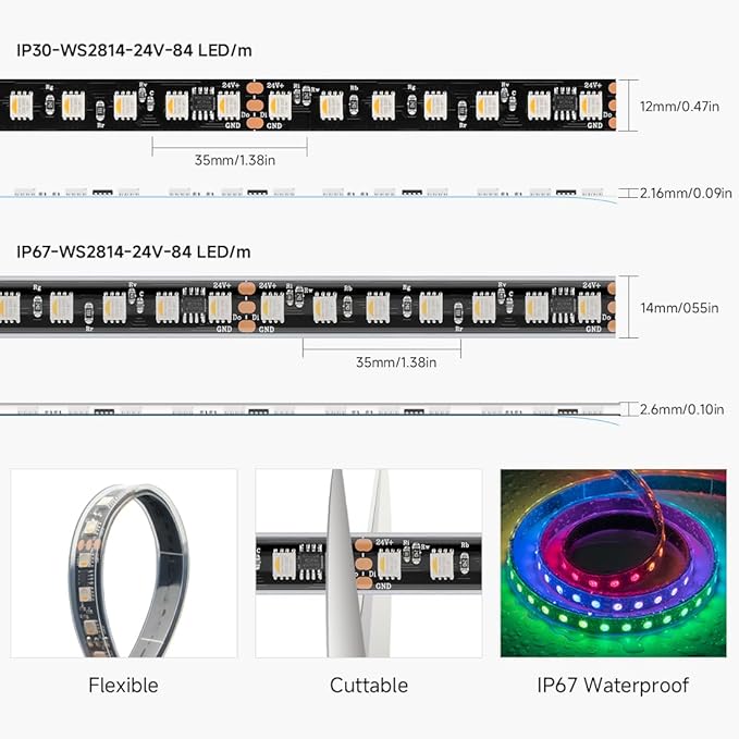 BTF-LIGHTING WS2814 IC RGBW RGB+Cool White(Similar WS2812B) DC24V 16.4FT 84LED/m 14pixel/m 4 Colors in 1 Dream Color Addressable LED Strip 14mm Width PCB IP67(No Adapter or Controller)