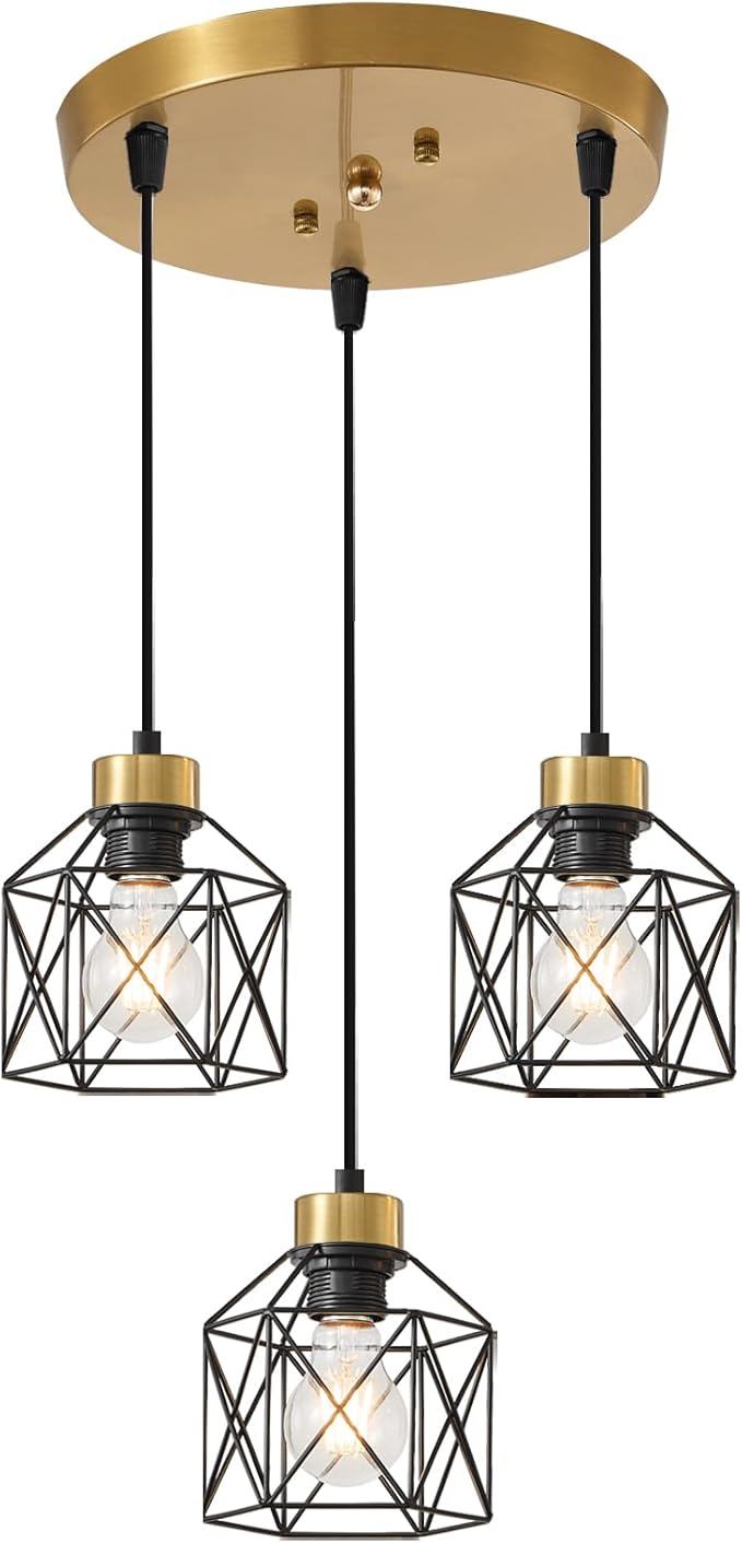 Black and Gold 3-Light Pendant Light Fixture, Farmhouse Hanging Pendant Lighting, Dining Room Chandelier, Industrial Kitchen Island Hanging Light Fixture, Metal Cage Pendant Ceiling Lamp for Kitchen
