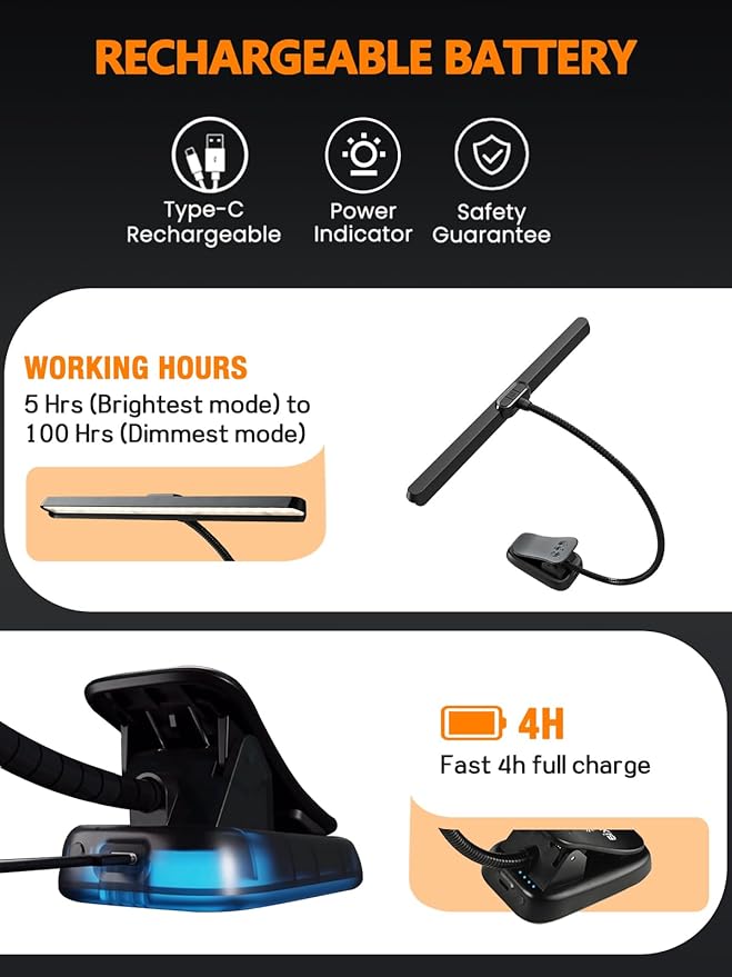 Vekkia Professional 116 LED Rechargeable Music Stand Light - Foldable Clip-on Lamp, Eye-Protective, 5 Brightness & 3 Color Temp Adjustments, for Piano, Reading
