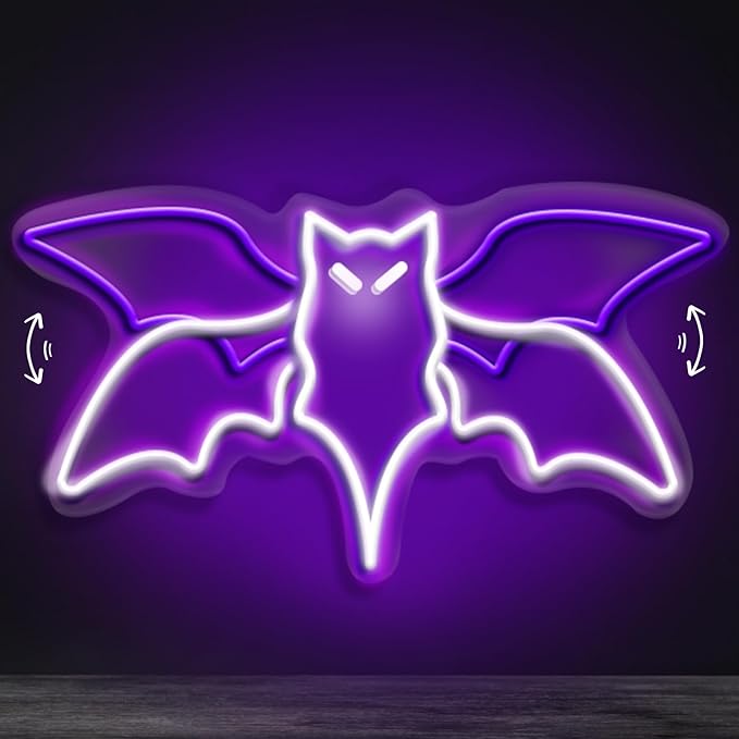 Bat Neon Sign – Flying Bat LED Wall Sign for Halloween, Gothic Room Decor, Witchcraft Festival Decor, Horror Party Wall Art, 15" x 7.7"