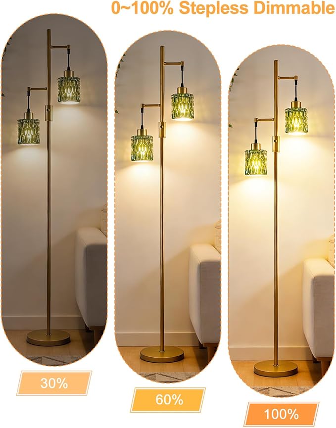 65IN Glass Floor Lamp, 2-Light Gold Tall Standing Lamps Dimmable with Green Glass Lampshade, 3000K Warmwhite Mid Century Modern Floor Lamp for Living Room/Bedroom/Corner