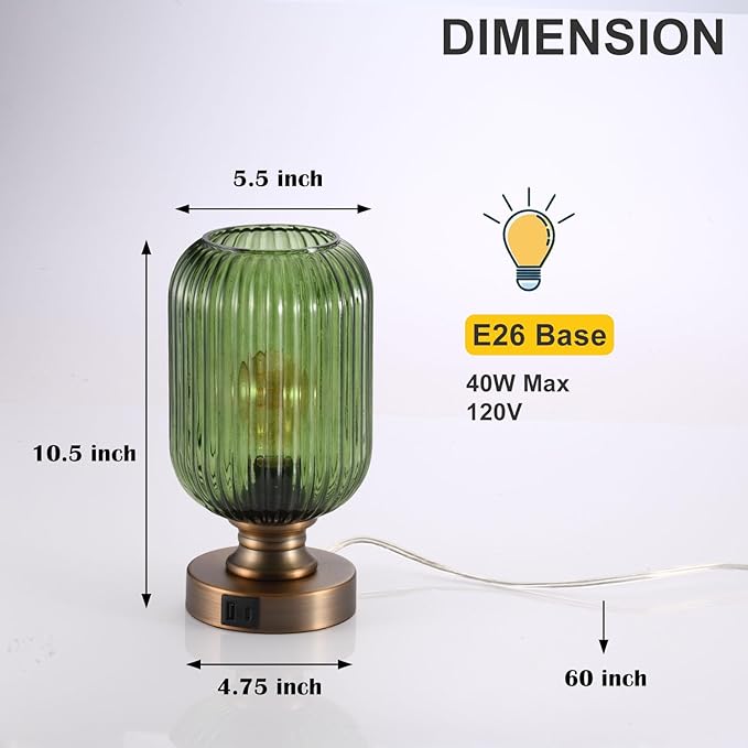Mid Century Glass Table Lamp,Dimmable Desk Lamp,LED Bulb Included,Touch Control & USB A+C Port,Green Ribbed Glass