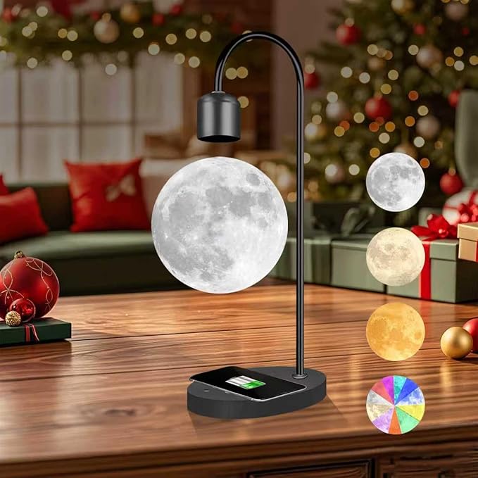 Magnetic Levitating Moon Lamp with Wireless Charging Base, 16M+ Swichable Colors, 3D Printed Floating LED Night Light for Bedroom Decor