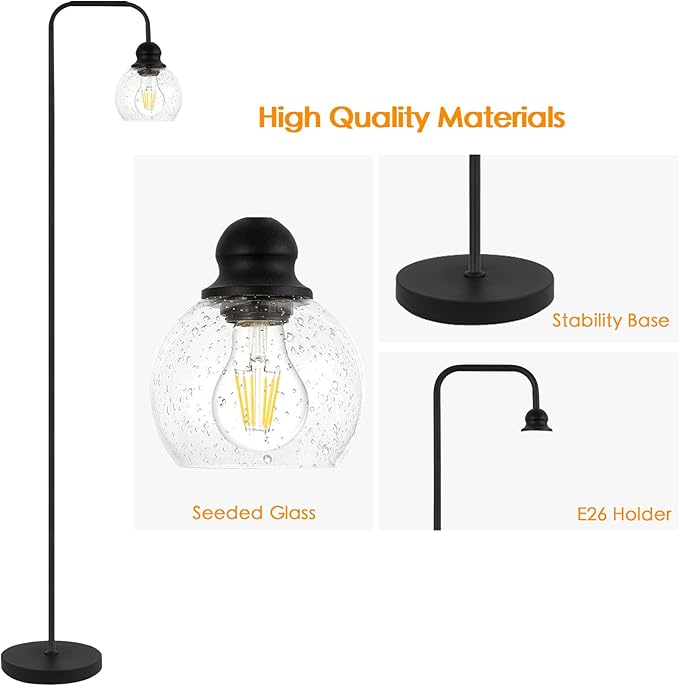 Modern Floor Lamp for Living Room with 6W LED Bulb, Industrial Floor Lamp, Seeded Glass, Black Classic Reading Tall Lamp for Home Office, Standing Lamps for Bedroom, Minimalist, Vintage, Farmhouse