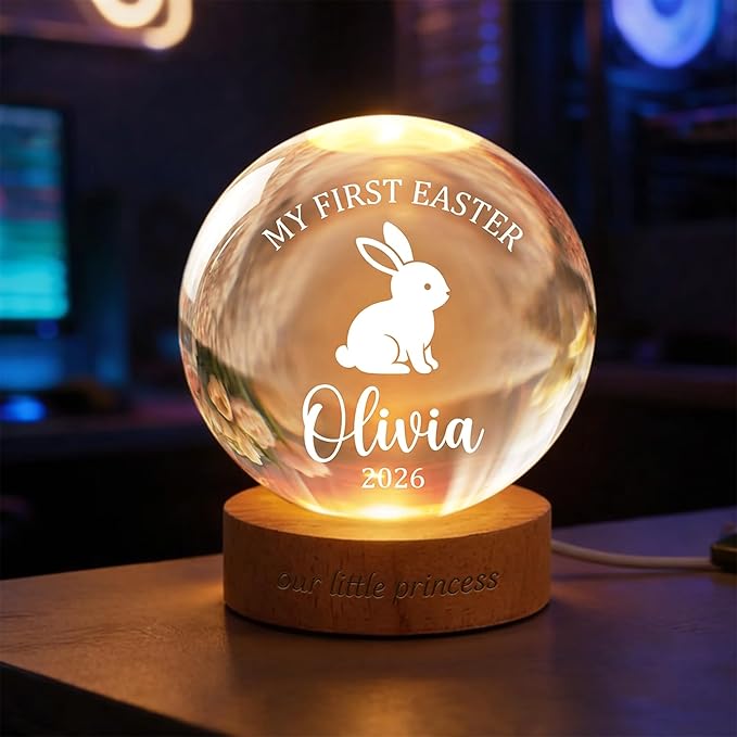 Personalized Easter Bunny Crystal Ball LED Lamp, Custom Name Glass Globe Night Light, Spring Home Decor Accent Light with Wooden Base, My First Easter Keepsake Gift for Family and Bedroom Display