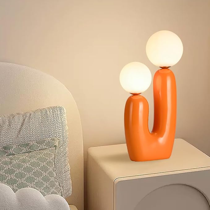 Modern Orange Cactus Shape 2 Lights Table Lamp Mushroom White Milk Globe Glass Table Light Cute Resin Light Fixtures for Bedroom Living Room Children’s Room Kid’s Room Corner