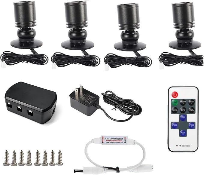 DEDC 4pcs LED Mini Spot Light, 3000K Under Cabinet Lights, Jewelry Model Showcase Display Spotlights for Wine Cabinet/Cupboard/Living Room (Warm White-Remote Control-U.S. Plugs-Base Unslotted)