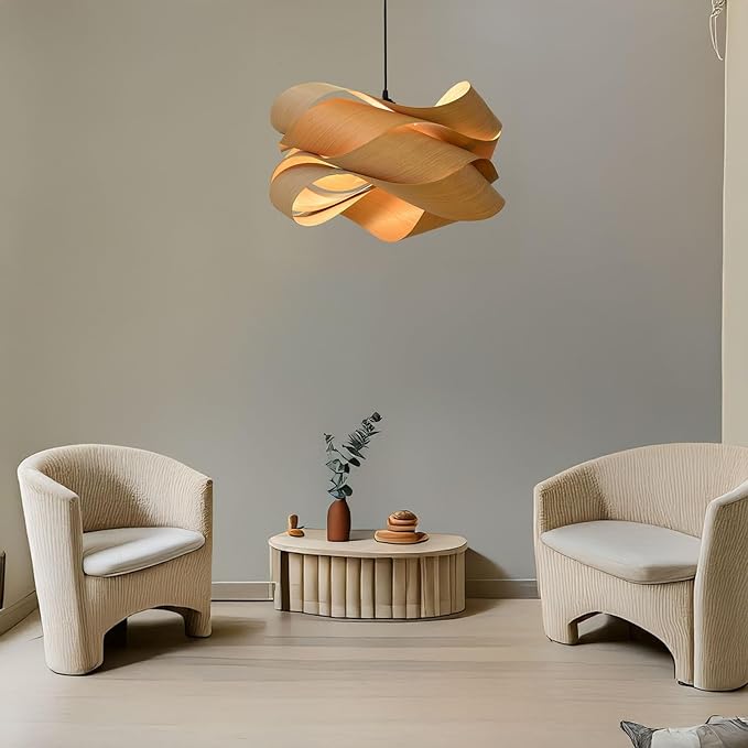 Modern Pendant Light, Nordic Organic Pendant Light, Woven Wood Wave Shade Hanging Lamp, Natural Tone Ceiling Lighting Fixture, for Living Room, Dining Room, Bedroom, Hallway Decor.(Light Color)