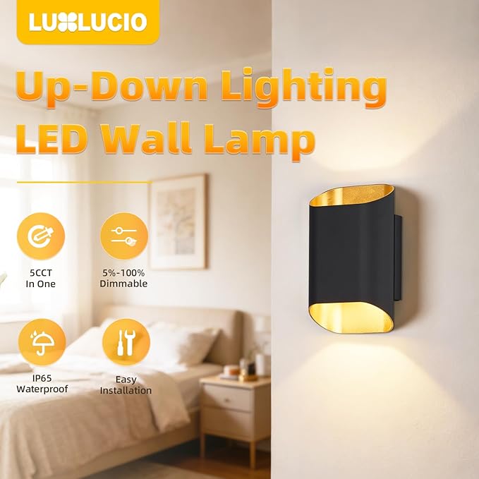 1 Pack Black & Gold Up & Down Wall Sconce Lamp 5%-100% Dimmable, Modern Indoor/Outdoor Light, IP65 Waterproof, 120V, 1200LM, 12W, 2700K-5000K 5-Color Selectable, CRI90+, ETL FCC Certified