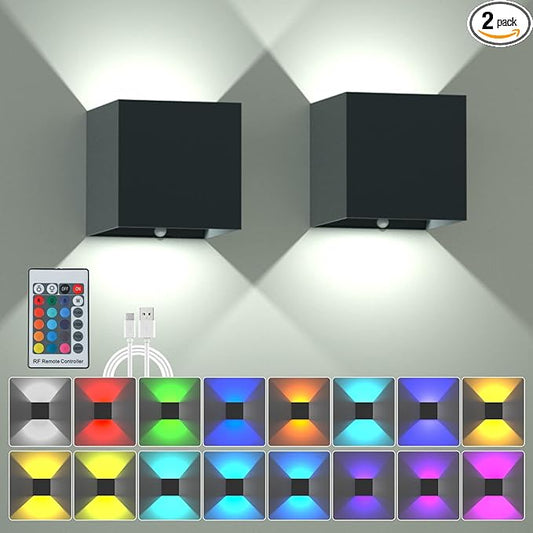 RGB Wall Sconces Set of 2, LED Lights for Room Decor 16 Colors, 6000mAh Battery Operated Wall Sconce, Rechargeable Remote Control Dimmable Cordless Wall Lights for Bedroom Living Room