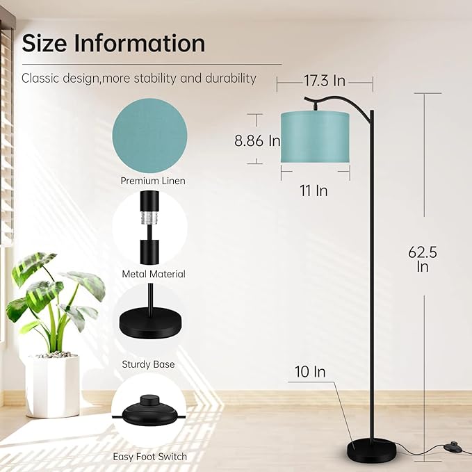 BoostArea Floor Lamp for Living Room,LED Arched Floor Lamp,Tall Modern Standing Lamp with Green Linen Shade,E26 Socket, Footswitch,Montage Mid Century Floor Lamp for Bedrooms,Office