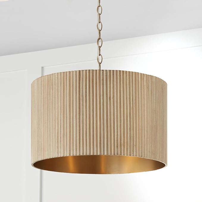 Capital Lighting 350741WS Donovan Mid-Century Modern Artisan Luxe Fluted Mango Wood Drum Pendant Ceiling Light, 3-Light 180 Total Watts, 15" H x 20" W, White Wash and Matte Brass