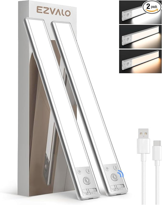 EZVALO 134 LED Under Cabinet Lights, 3200mAh Rechargeable Motion Sensor Light Indoor, Dimmable Magnetic Closet Lights with 3 Color Temps, Wireless Under Counter Lights for Kitchen, Stair (2 Pack)