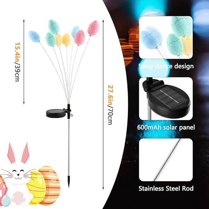2 Pack Solar Easter Egg Lights, Colorful Garden Swaying Firefly Light with Growing Stem, 2 Modes, High Waterproof Easter Egg Lights for Garden Patio Yard Pathway Landscape Decor
