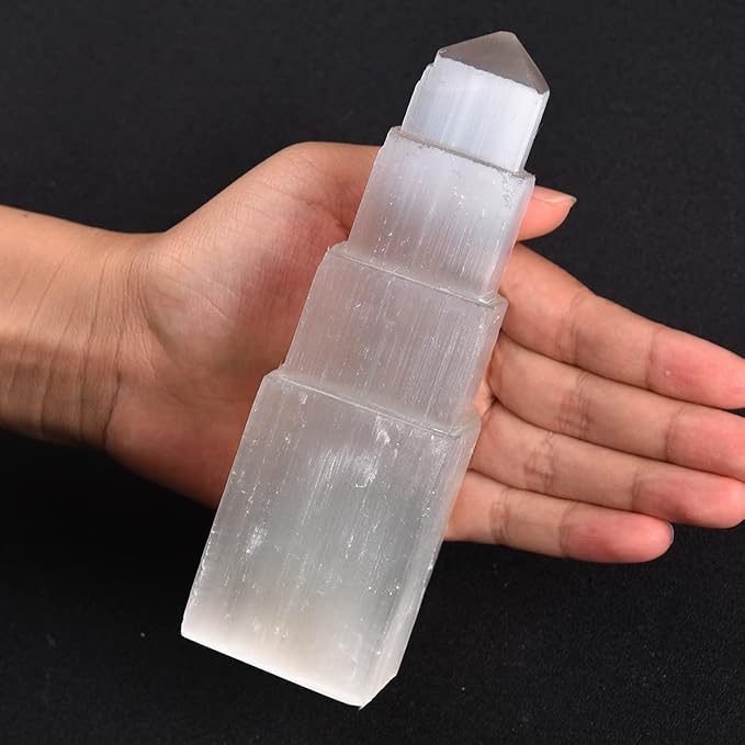 JIC Gem USB Selenite Tower Lamp Natural Selenite Skyscraper Healing Crystal Lamp 6 Inch with Wooden Light Stand Base