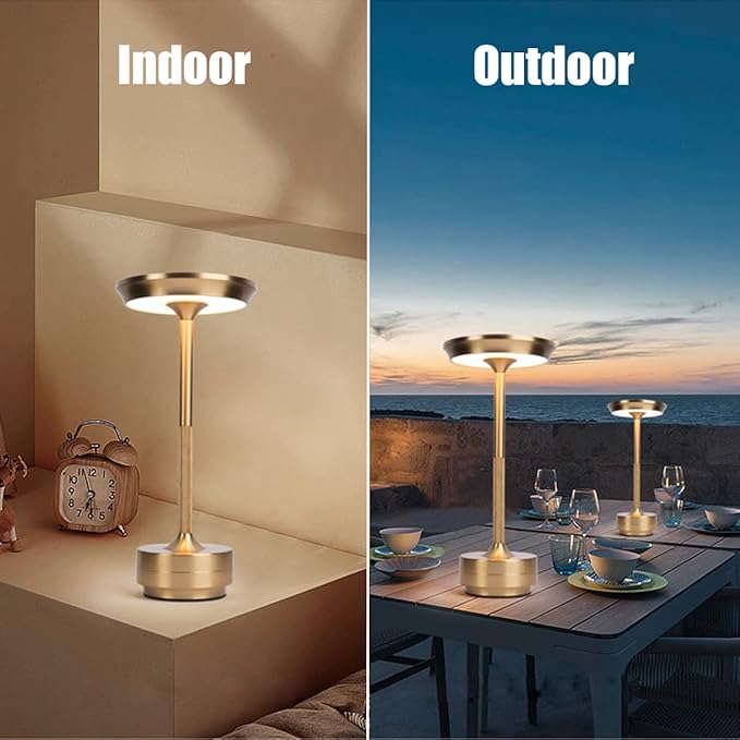 Vintage Aluminum Rechargeable Cordless LED Table Lamp with Dimmable Brightness and 3 Color Temperatures