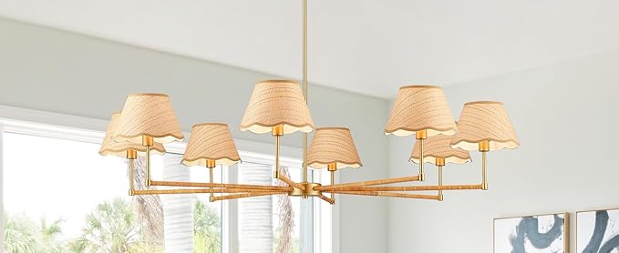 50” Large Boho Rattan Chandelier 8-Lights Rustic Adjustable Coastal Pendant Light for Kitchen Island Dining Living Room, UL Listed