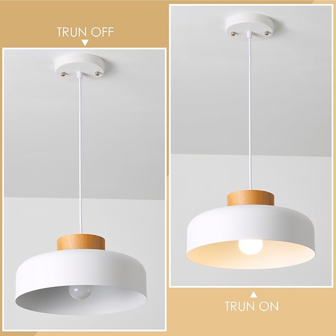 Modern Pendant Light,12.6 inch,Natural Wood Cap,Small Pendant Lighting for Kitchen Island,Dining Room,Matte White