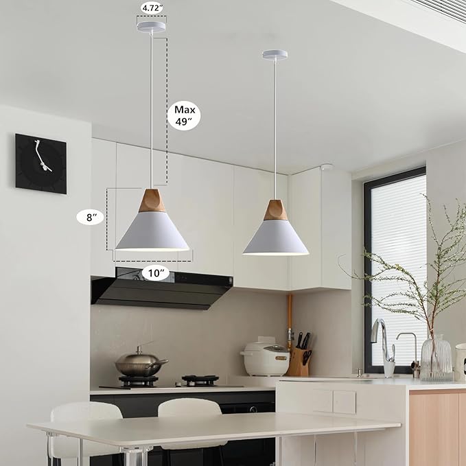 Modern Pendant Light Fixture,Solid Wood Matte White Lampshade Style Ceiling Hanging Lamp,Pendant Lighting for Kitchen Island Dining Room Coffee Bar(White-1 Pack)
