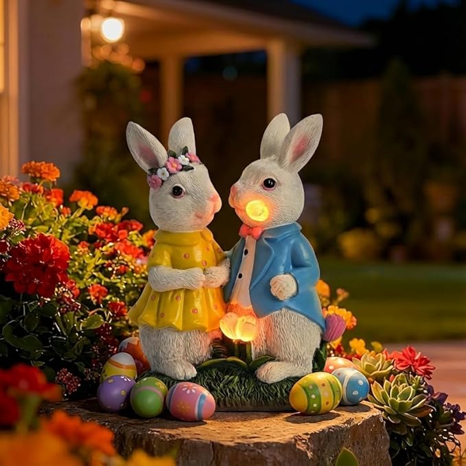 TERESA'S COLLECTIONS Easter Decorations Outdoor with Solar Lights, 8'' Lighted Easter Bunny Decor, Spring Easter Decor for Entryway Planter Mantel Tabletop Ideal Easter Gifts