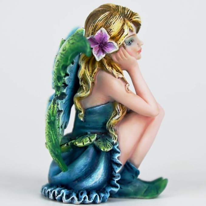 Fantasy Thoughtful Fairy Figurine, 3.15 Inch Blue-Green Gradient Elf Statue, Hand-Painted Resin Decor with Purple Hair Flower & Textured Wings for Desk, Fairy Garden, Plant Pot