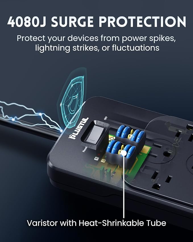 Surge Protector Power Strip 15FT(4080J), PLUGTUL Surge Protector with 12 Outlets - Spacious Design for Large Plugs, Flat Plug, 20W USB C Charging for Home, Office, ETL Listed
