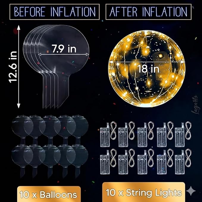 10 Pcs LED Balloons Light Up Balloons for Parties – Clear 18" Balloon with Gold String Lights & Individual Switch – Light Up Easter Decorations for Indoor & Outdoor Events, Batteries Not Included