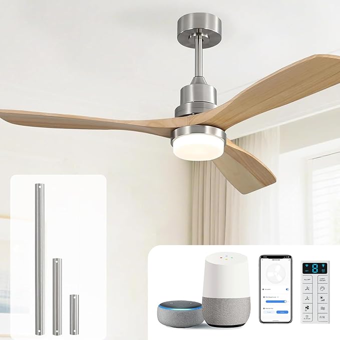 Sofucor 52 Inch Smart Ceiling Fans with Lights and Alexa/Google Assistant/APP/Remote Control-Modern Outdoor 3 Solid Wood Blades Ceiling Fan for Bedroom Living Room Patio, Sandy Nickel&Natural Wood