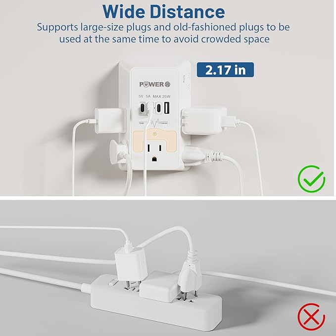 Electrical Outlet Extender with USB Ports (3C1A), Snug Wall Outlet with Night Light, Surge Protector, Wall Plug Adapter for Multiple Devices, Wall Socket Expander