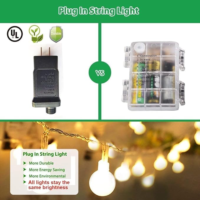65.6ft Warm White Globe String Lights, 150 LED with 16ft Extended Lead Wire & Remote, 8 Modes, IP44 Waterproof Plug in Linkable Lights for Outdoor Indoor Party Wedding