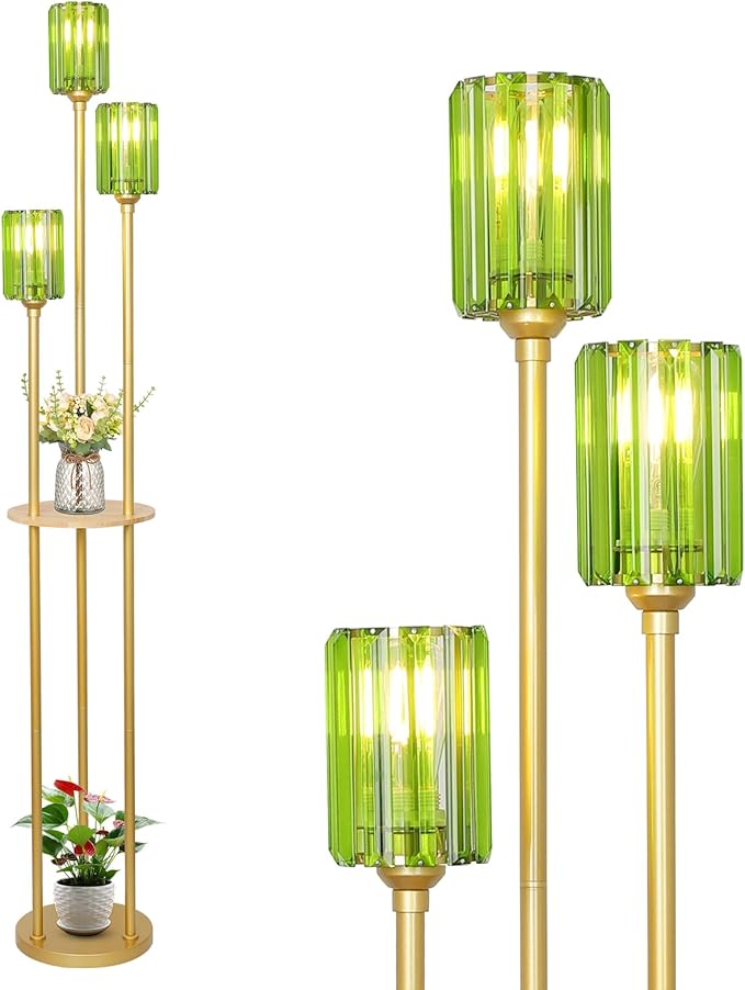 HMVPL Gold Floor Lamp for Living Room, Vintage Floor Lamp with Wood Shelf, Mid Century Standing Lamp with Table, Modern Tall Lamp with Green Crystal Shade, On/Off Switch, Boho Corner Lamp for Bedroom