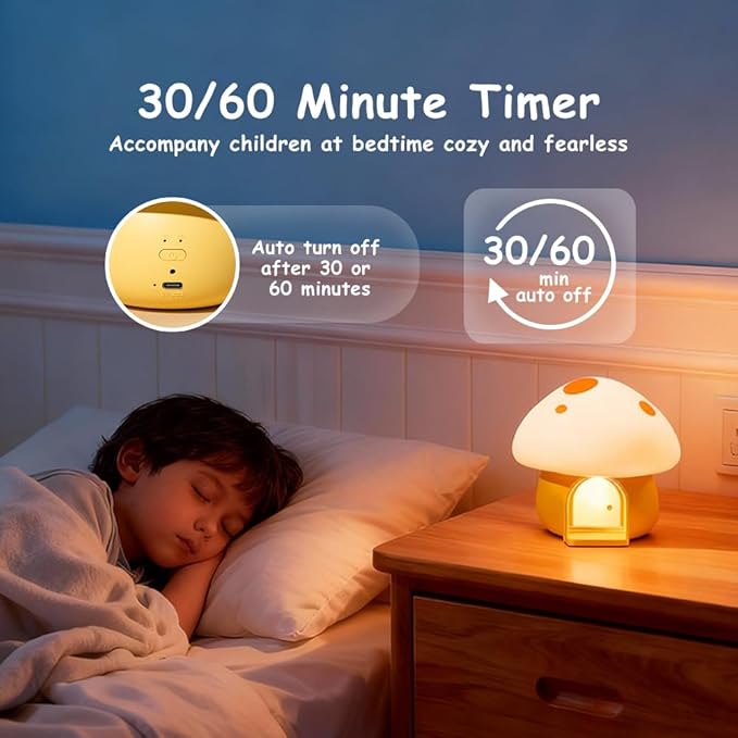 Kids Night Light, Kawaii Bunny Mushroom House Silicone Night Light with Tap Control, 3-Step Dimmable, 30/60 Min Auto-Off Timer, Rechargeable Bedside Nursery Lamp (Yellow)