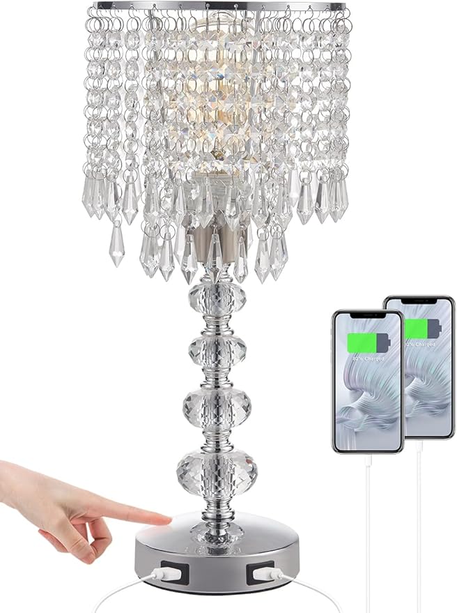 Acaxin Crystal Table Lamps for Bedroom Nightstand - Touch Bedside Lamps with Two USB Charging Ports Silver, 3 Way Dimmable Small Glam Lamp for Girls, Night Stand Lamp for Living Room