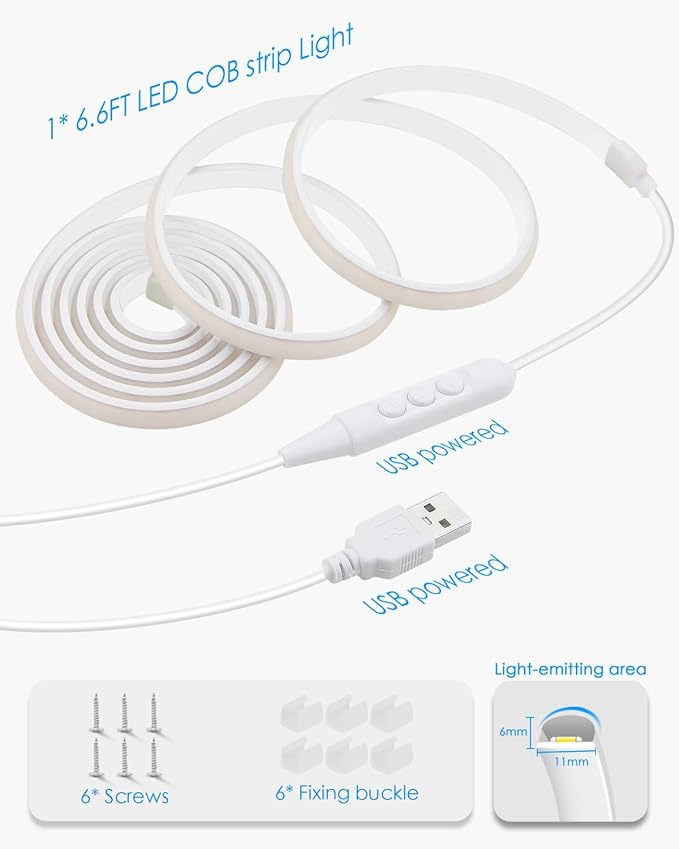 USB COB LED Strip Light Waterproof 5V 6.6FT 3000K Warm White COB LED Rope Light for Bedroom with Dimmer High Density 320LEDs/M Tunable Flexible LED Tape Light for TV Backlight Mirror Decor 2M