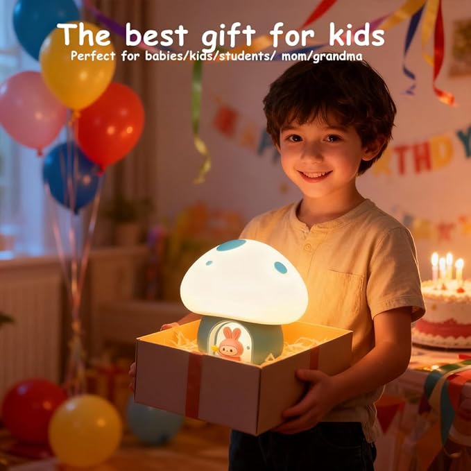 Kids Night Light, Kawaii Bunny Mushroom House Silicone Night Light with Tap Control, 3-Step Dimmable, 30/60 Min Auto-Off Timer, Rechargeable Bedside Nursery Lamp (Blue)