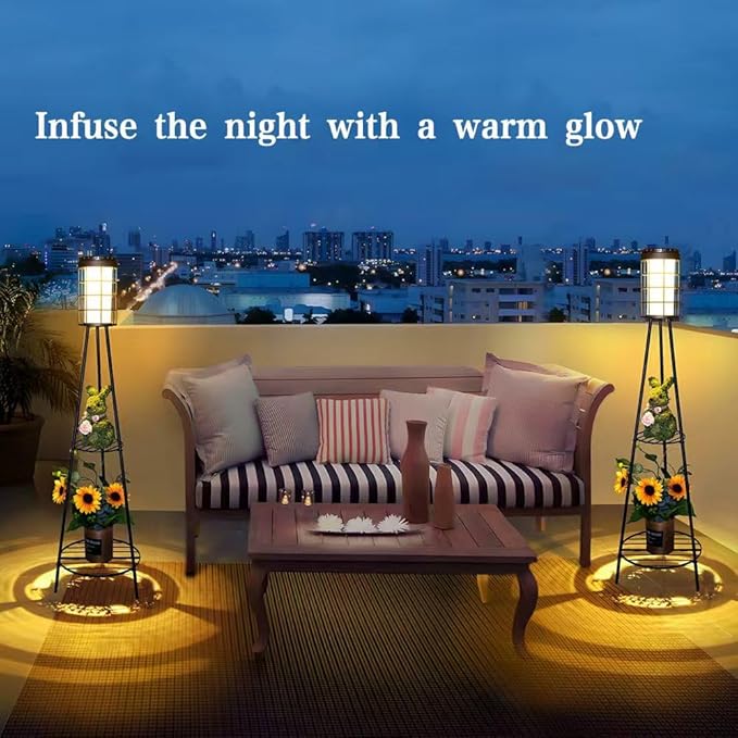 2 Pack 45.3'' Outdoor Floor Lamp IP65 Waterproof with 2 Plant Stands - Solar Lights & Street Lights with Metal Tripod - Patio Decor for Garden, Yard, Pathway, Driveway, Porch