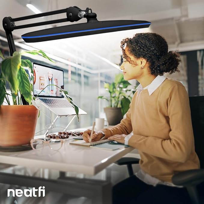 Neatfi XL 2,200 Lumens LED Task Lamp, 20W, 182 SMD LEDs, 23-Inch Ultra-Wide, 4 Brightness Levels, 3 Light Modes, Dimmable, Eye-Caring, Glare-Free (CCT with Clamp, Black)
