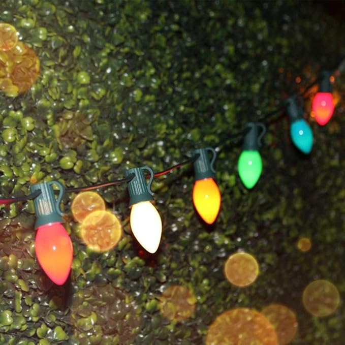 C7 Christmas Lights, 25Ft Ceramic Vintage Christmas Lights with 25 Multicolor C7 Bulbs, Hanging Outdoor Christmas Lights for Christmas Tree Party Backyard Wedding Party Decor- Green Wire
