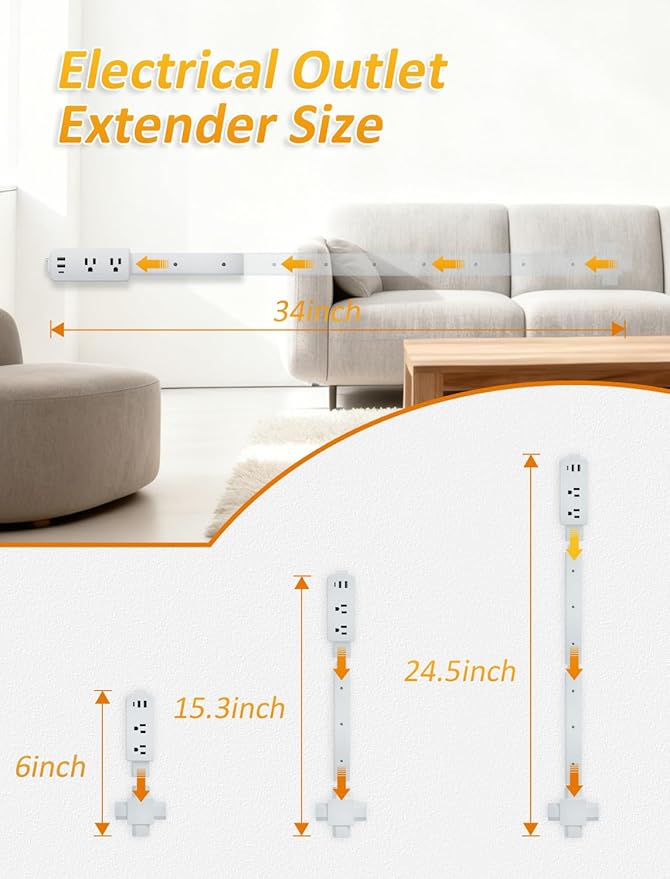 Electrical Outlet Extender Stick with 2 USB-A&USB C&2 AC Outlets,Free Combination Power Socket Outlet Expander to 6", 15.3", 24.5", 34" for Hard-to-Reach Spaces Behind Couches,Nightstands,Cabinet