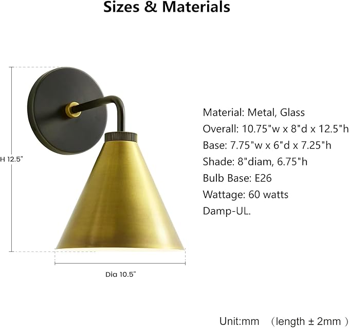 Retro Industrial Metal Cone Sconce Light - Vintage-Inspired Modern Gold Wall Sconce with Metal Shade, Wall Mount Lighting for Bedroom, Hallway, Living Room (Black and Gold, 11 inch)