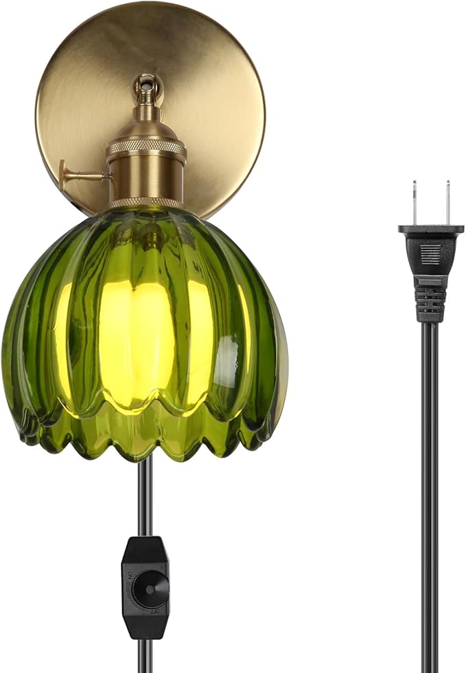 HuisMier Plug in Wall Sconces, Vintage Green Tulip Glass Lampshade Wall Light with On/Off Switch, Modern 180 Degree Adjustable Brass Wall Sconces for Bathroom Bedroom Living Room Hallway, Plug in